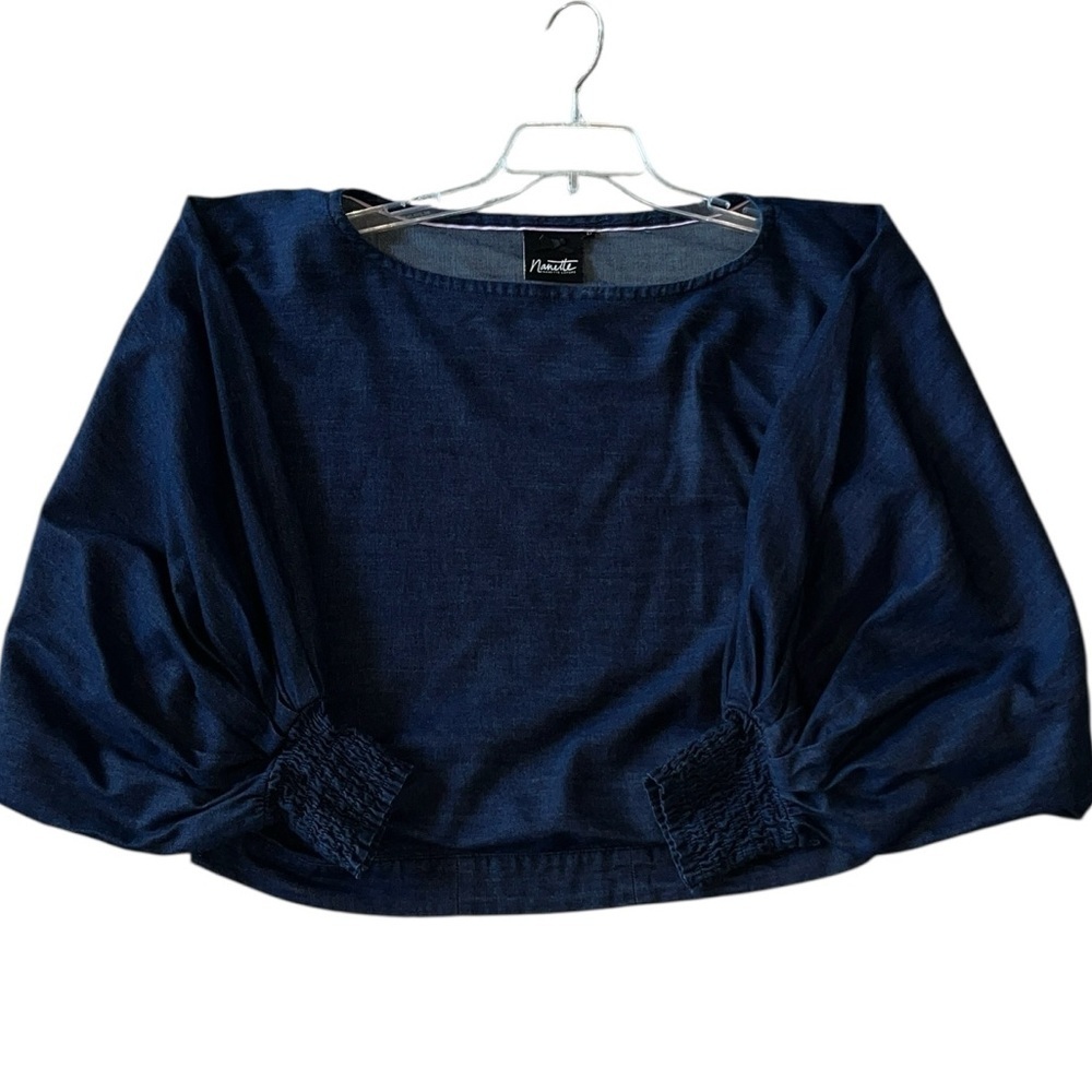Nanette Lepore Dolman Blue Denim Cotton Bubble Sleeve Top Size Medium - Picture 3 of 9
